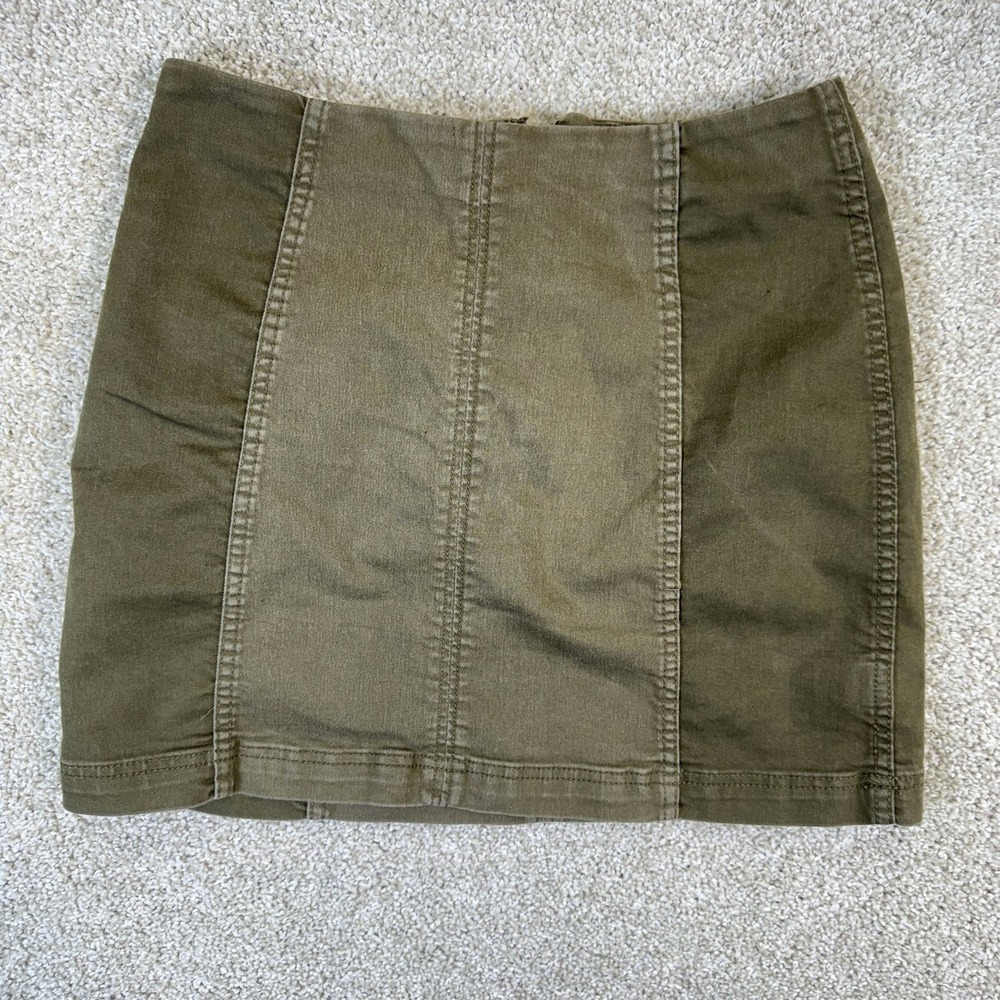 Free People Mini Skirt Women 10 Olive Green Seamed Denim Back Zip Short